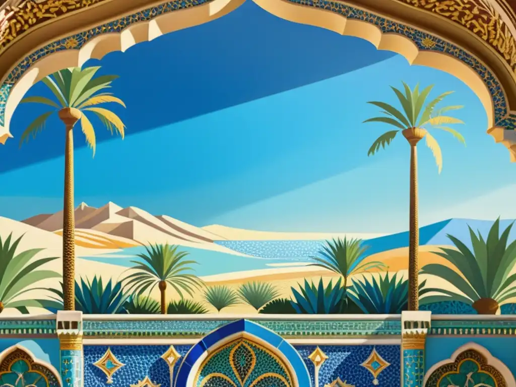 Mosaico detallado: Oasis del desierto en vibrantes colores Vibrante mosaico de un oasis en el arte visual, con palmeras, agua azul y arquitectura detallada, deslumbrando con su belleza cultural