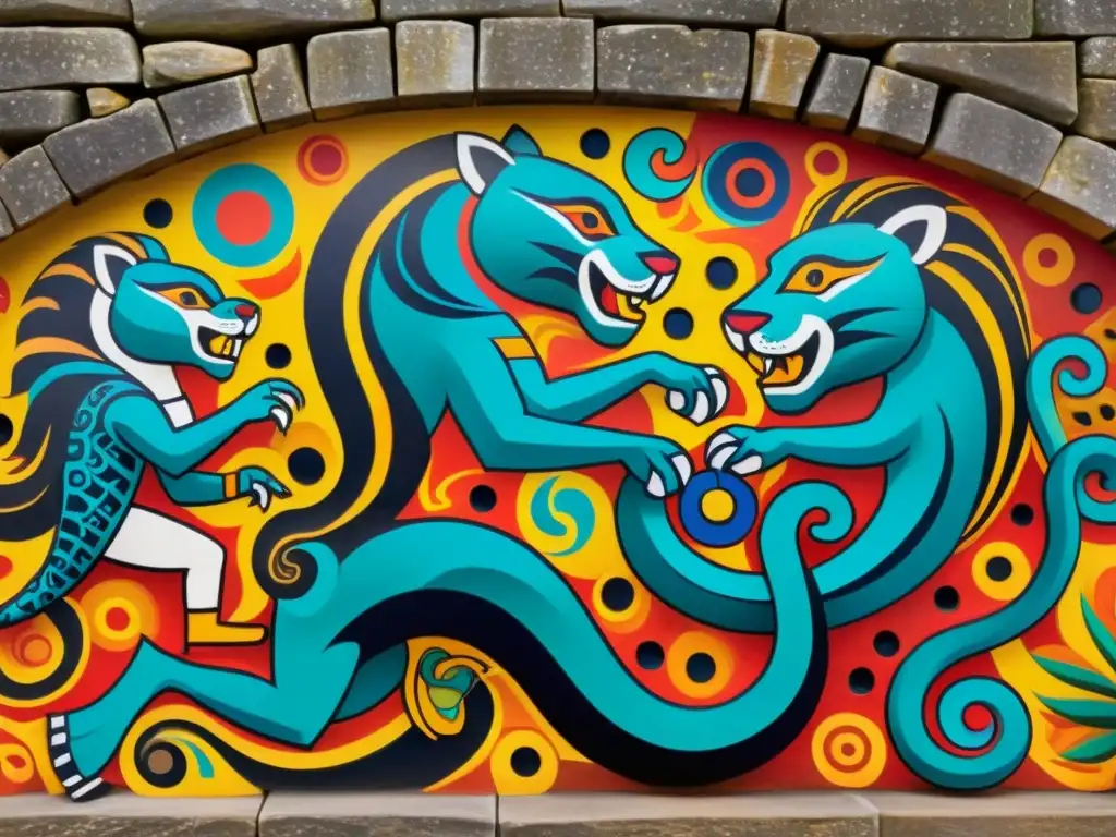 Murales mesoamericanos: huracanes y deidades ancestrales Un vibrante mural mesoamericano representa interpretaciones místicas de huracanes, con deidades y símbolos entrelazados