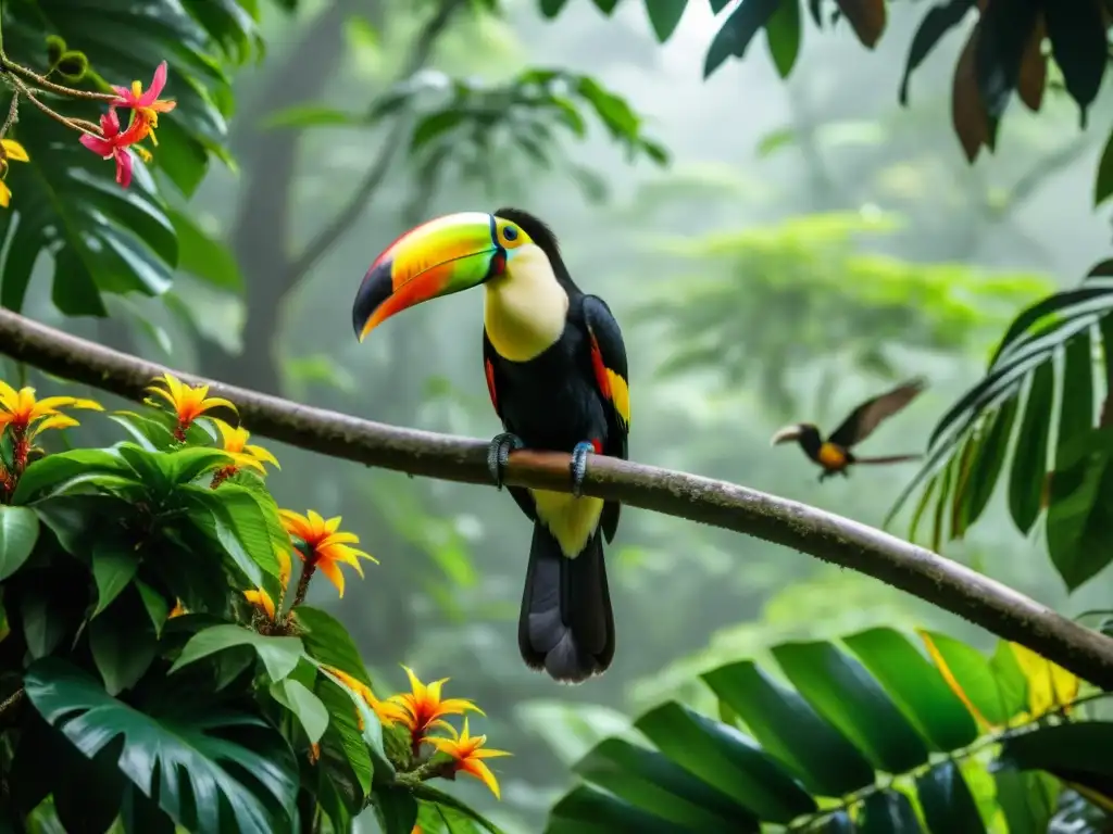 Selva exuberante y vibrante en Costa Rica: toucán, monos y diversidad Vibrante selva de Costa Rica con diversa fauna y flora, destacando la biodiversidad de Costa Rica jungle