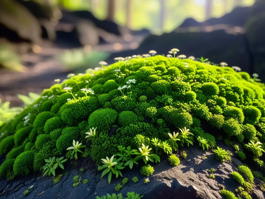 Vida exuberante en roca volcánica: belleza y tenacidad Vibrante vida en ecosistemas suelos volcánicos después de erupciones, con musgo, flores y helechos en roca volcánica