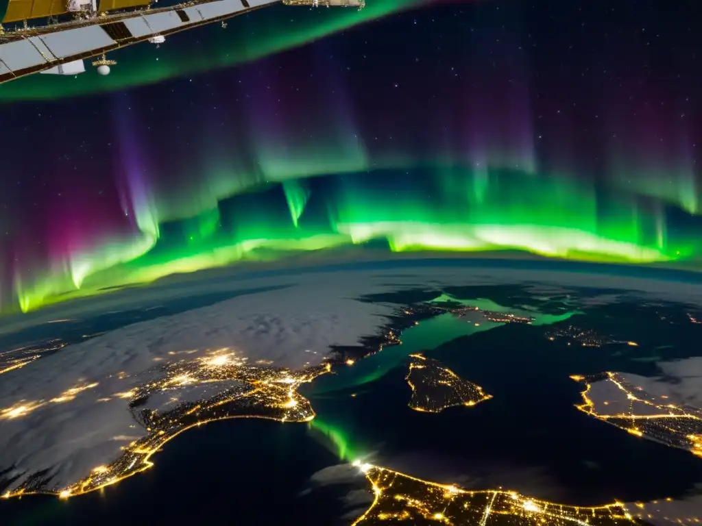Auroras boreales desde el espacio: espectáculo hipnotizante Vibrantes auroras luces polares bailan en el espacio desde la Estación Espacial Internacional, mostrando la maravilla natural