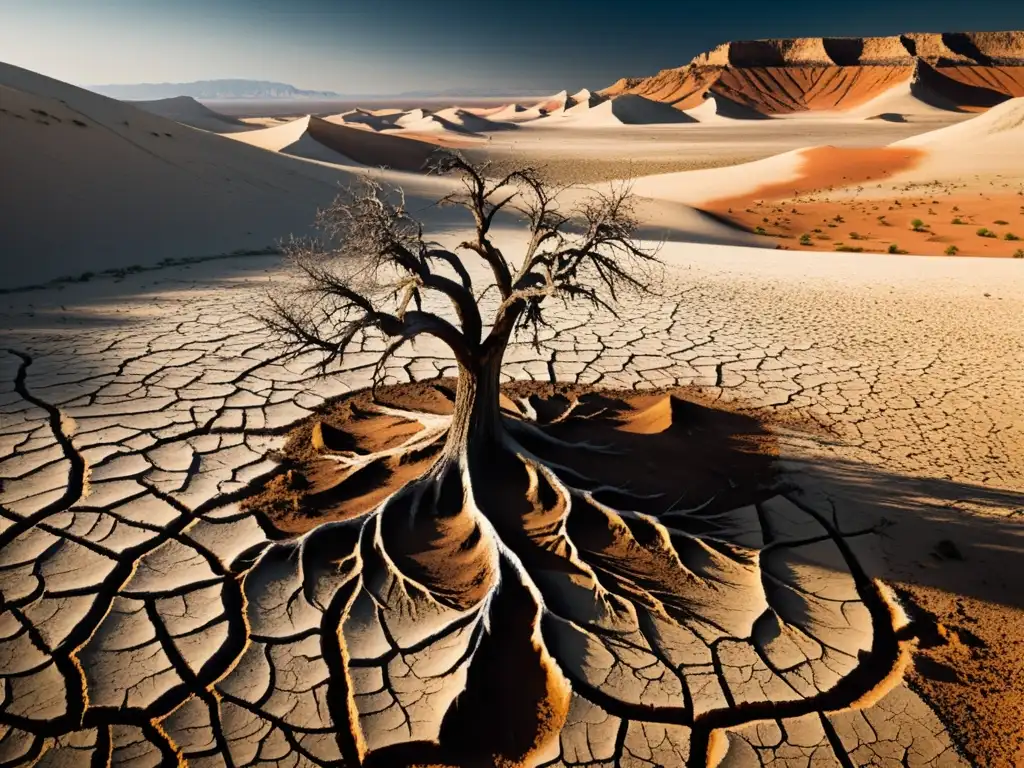 Desolación: La Impactante Devastación de la Sequía Desolación por la sequía: tierra agrietada, vegetación sin vida y un árbol marchito luchando por sobrevivir bajo el sol implacable