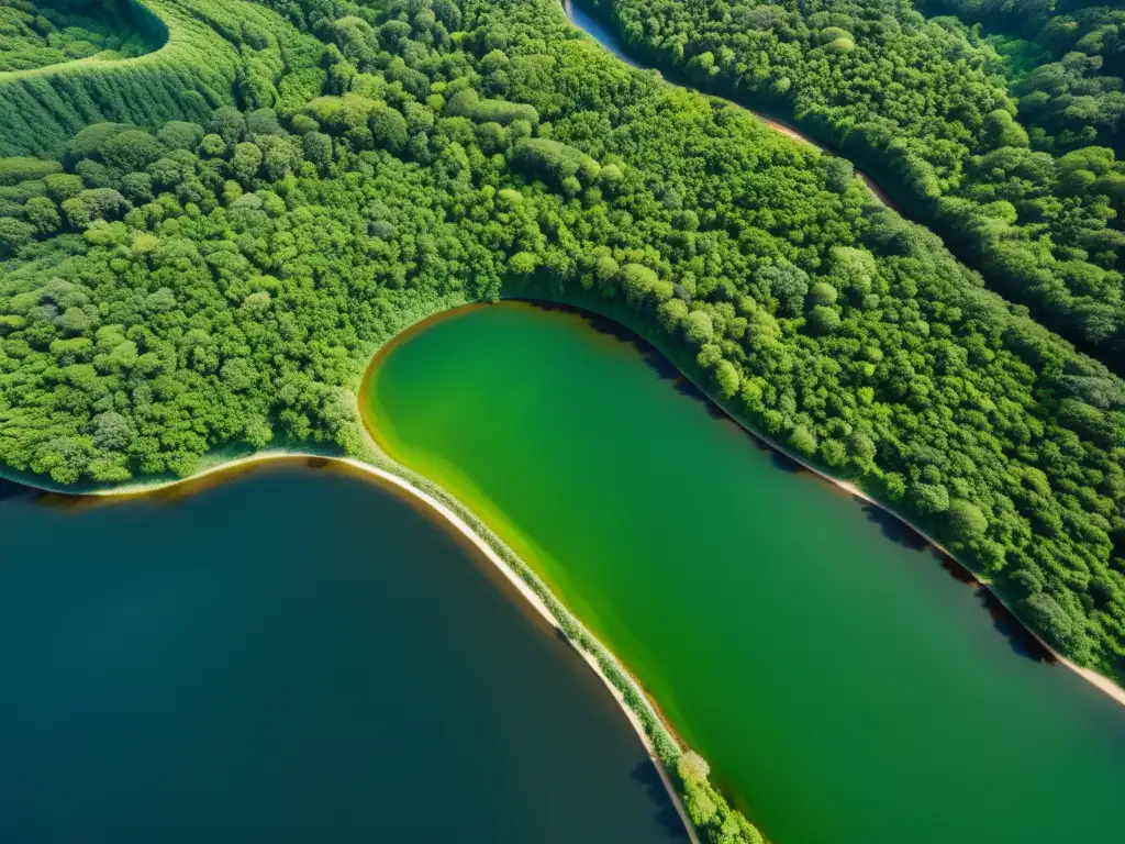 Esplendor verde: Bosque exuberante desde el espacio Vista aérea asombrosa de exuberante bosque verde con ríos serpenteantes