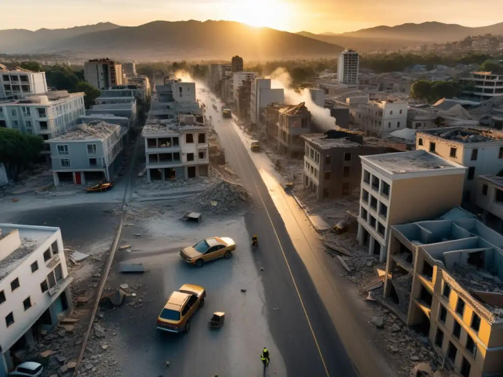 Devastación al atardecer: ciudad tras terremoto Vista aérea de una ciudad tras un terremoto, con edificios derrumbados y equipos de emergencia