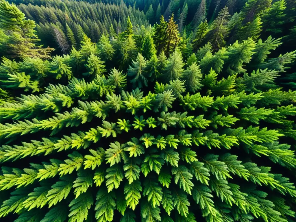 Bosque de Coníferas: Belleza Natural y Complejidad Ecológica Vista aérea de un denso bosque de coníferas, con microclimas y flora especializada