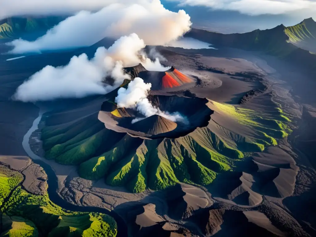 Vista aérea detallada de volcanes naturales, con picos escarpados, valles profundos y un equipo de exploración en la distancia