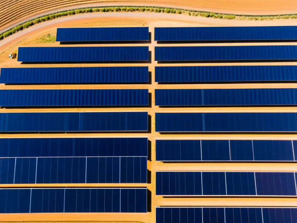 Horizonte solar: belleza y progreso renovable Vista aérea de granja solar con paneles relucientes y trabajadores instalando nuevos