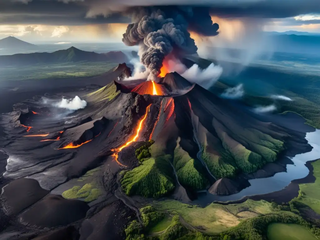 Volcán activo: espectáculo natural de poder y energía Vista aérea impactante de un volcán activo, con humo y ceniza saliendo de su cráter, rodeado de terreno rocoso