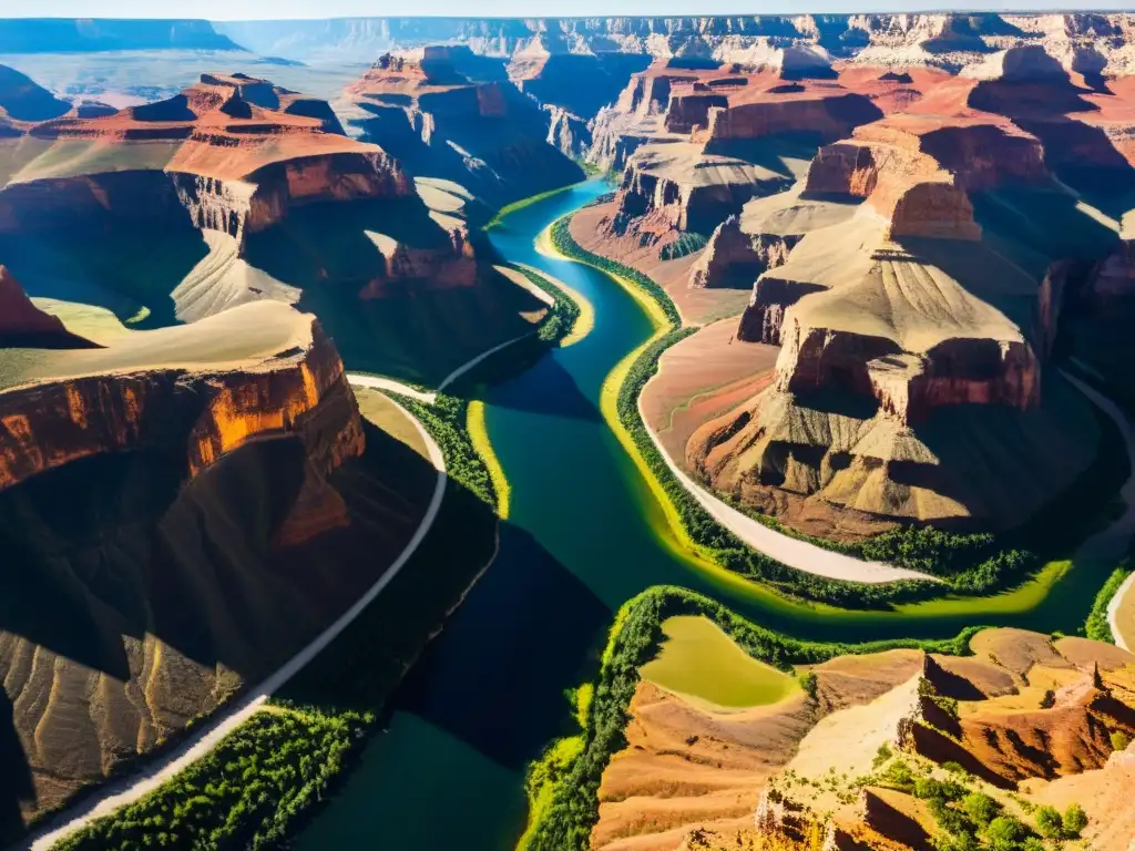 Majestuoso cañón: luces y sombras en la tierra Vista aérea impresionante de cañón con capas de roca y río serpenteante