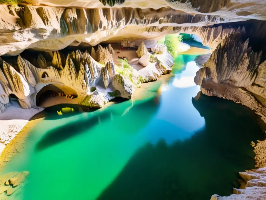 Explora las Maravillosas Cavernas de Škocjan, Eslovenia Vista aérea impresionante de las Cavernas Škocjan en Eslovenia, con formaciones kársticas fenomenales y el río Reka fluyendo