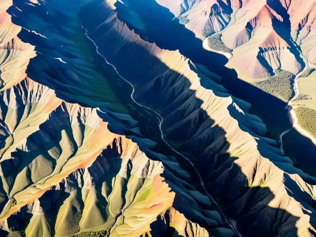 Escenario montañoso: Impacto tectónico Vista aérea impresionante de una falla en terreno montañoso, con sombras dramáticas y la línea de falla visible