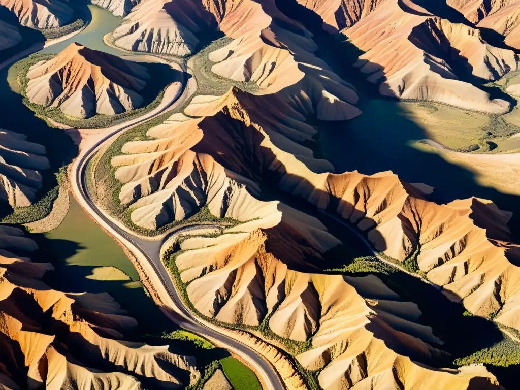 Maravillosa fotografía aérea de paisaje montañoso erosionado Vista aérea impresionante de paisaje montañoso con cañones profundos y texturas dramáticas, iluminado por el sol