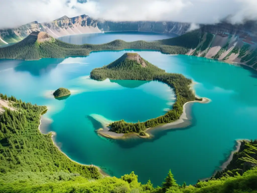 Espejo de agua turquesa en cráter natural Vista aérea de un lago de cráter turquesa rodeado de vegetación exuberante, con barcos en la orilla