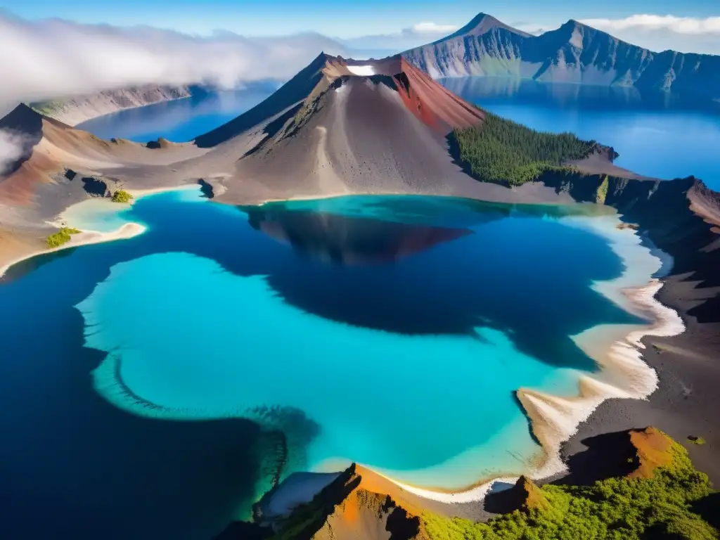 Cráter volcánico: Lago de aguas cristalinas y misterio Vista aérea de un lago cratérico en un majestuoso volcán, con aguas azules, rocas y misterio