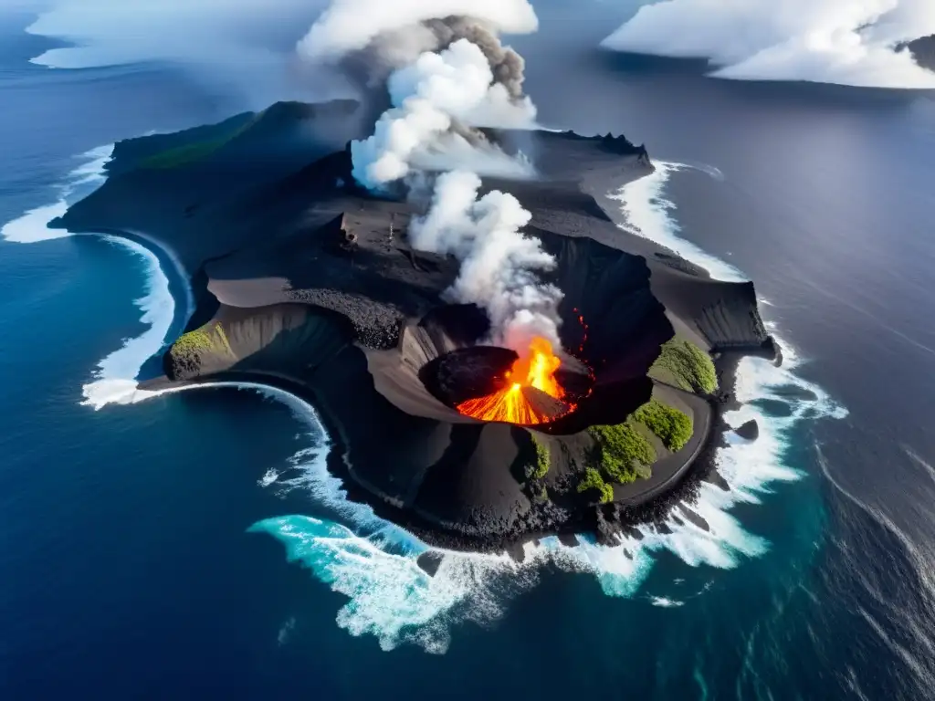 Islanda Volcánica: Formación de Nuevas Tierras Vista aérea de formación de nuevos volcanes por placas tectónicas en isla volcánica emergente con lava y oleaje turbulento