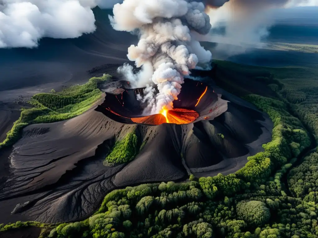 Vista aérea de paisaje volcánico con actividad, lava y humo