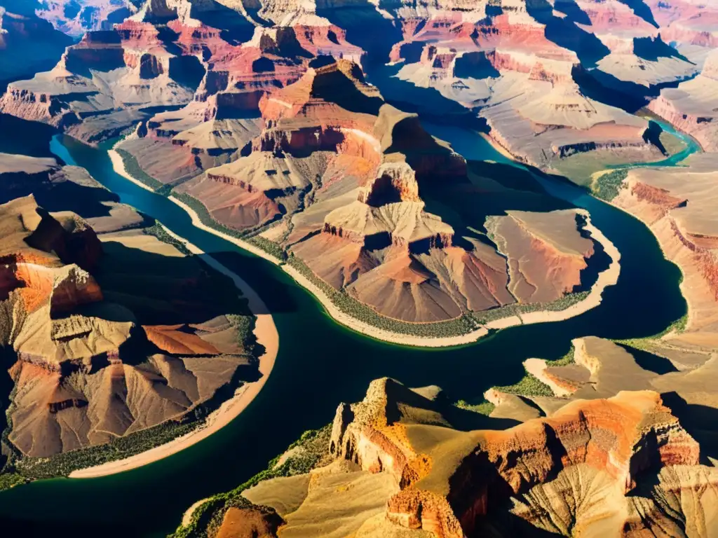 Esplendor del Gran Cañón: Formaciones rocosas y el río Colorado Vista aérea de alta resolución del Gran Cañón, con sus capas de roca y el río Colorado