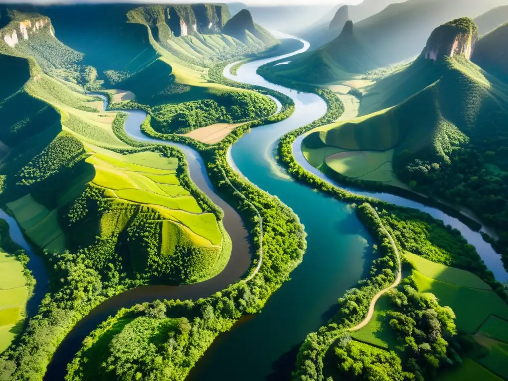 Espléndido río serpenteante en un valle exuberante Vista aérea de un río serpenteante que transforma paisajes con procesos de erosión, reflejando la belleza natural del entorno