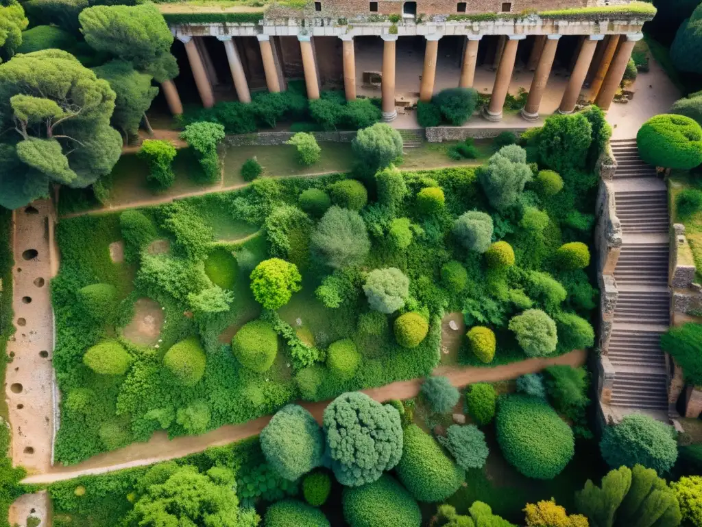 Ruinas arqueológicas en Roma: legado romano y naturaleza Vista aérea de ruinas arqueológicas en Roma, muestra detalles antiguos en contraste con la vegetación