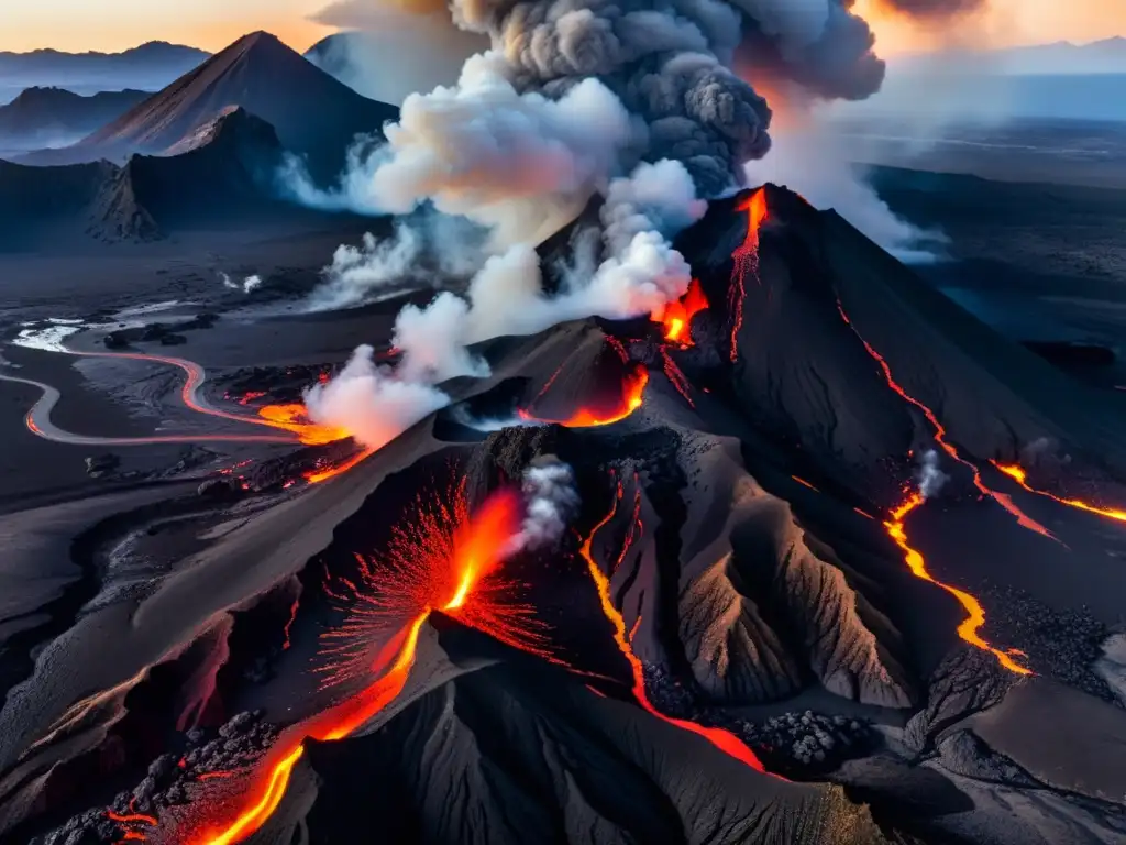 Espectacular erupción volcánica: flujo dinámico de lava Vista aérea de erupción volcánica con lava fluyendo por la montaña
