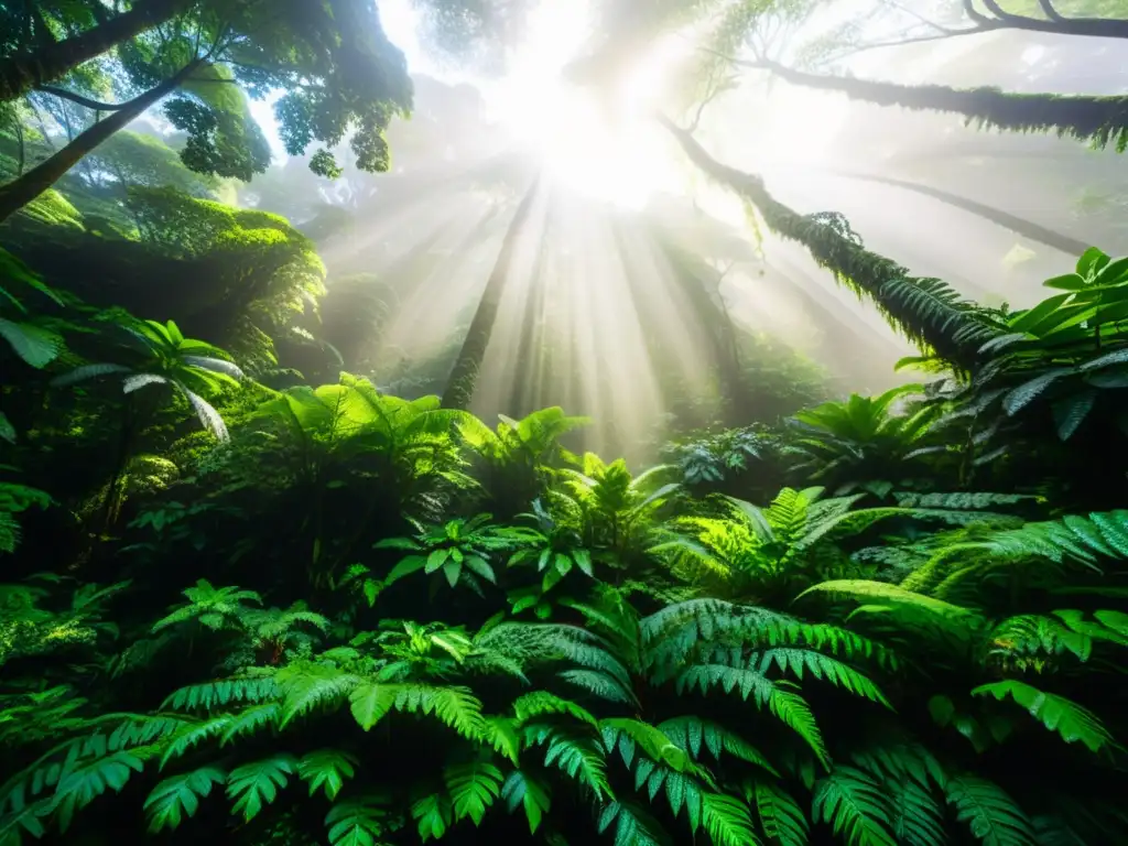 Selva exuberante: luz solar teje patrones misteriosos entre hojas vibrantes Vista en alta resolución de un exuberante dosel de selva con rayos de sol filtrándose entre las hojas verdes, creando patrones en el suelo