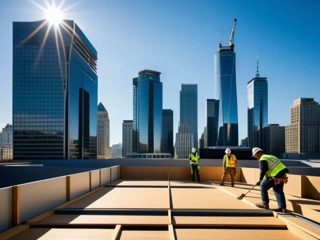 Vista de la ciudad con trabajadores instalando materiales antisísmicos para comunicar riesgos sísmicos población