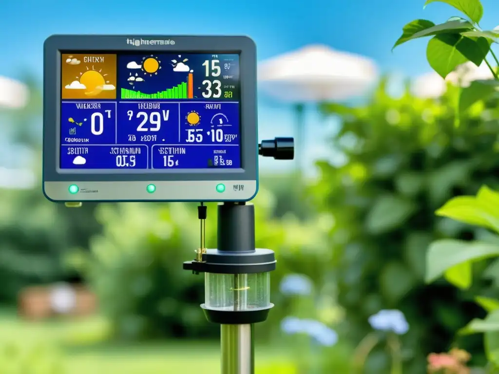 Vista detallada de estación meteorológica casera en exuberante jardín, integrada con la naturaleza y sus componentes técnicos visibles