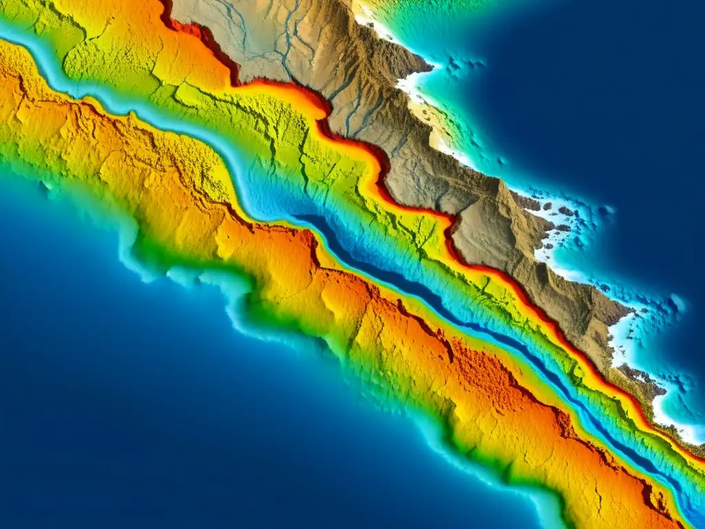 Subducción impactante: detalle ultrapreciso de placas tectónicas Una vista detallada de la subducción tectónica del Pacífico bajo la placa Sudamericana, revelando la complejidad geológica con precisión asombrosa