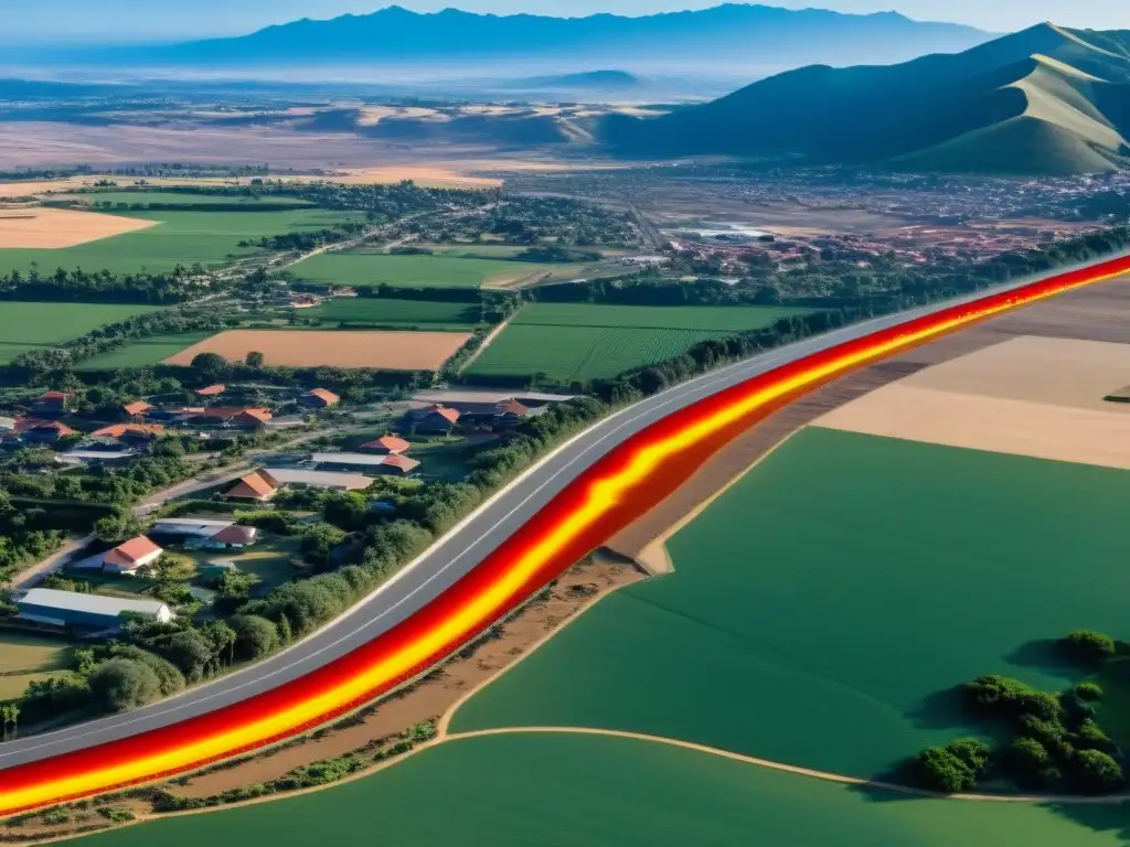 Vista impactante de una falla sísmica en zona poblada, comunicando riesgos sísmicos población