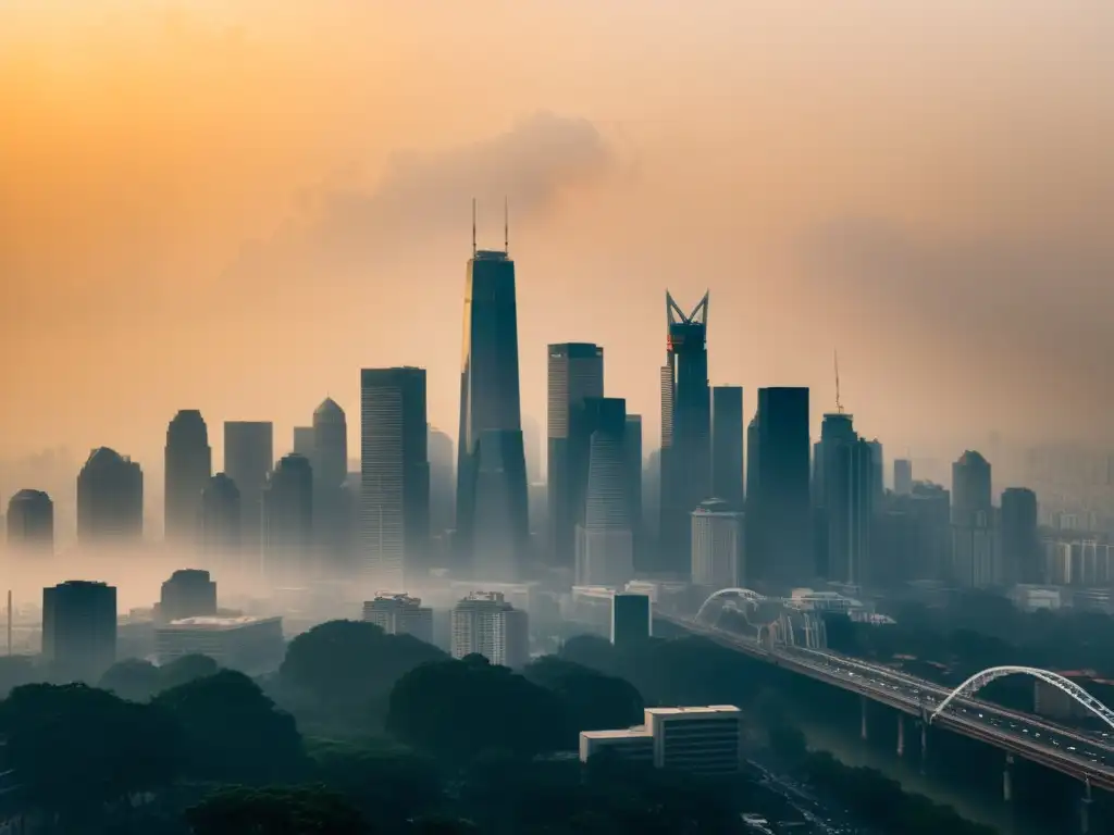 Megaciudad envuelta en smog: impacto ambiental Vista panorámica de megaciudad envuelta en smog, con rascacielos apenas visibles