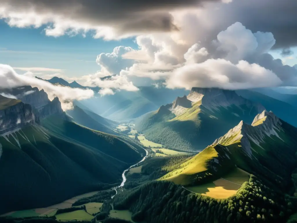 Esplendor montañoso: 8k foto impactante de nubes cumulus Vista panorámica de montañas con nubes cumulus revelando secretos del tiempo