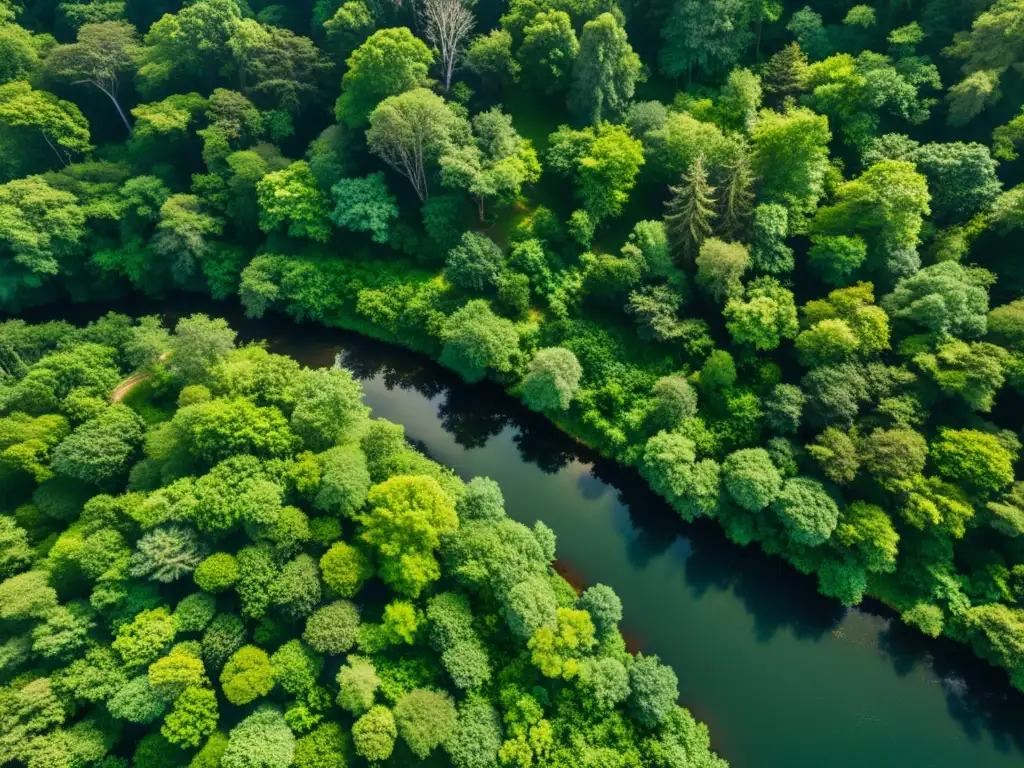 Imagen satelital de bosque denso: naturaleza exuberante y vida Vista satelital de bosque denso con ríos y vegetación detallada