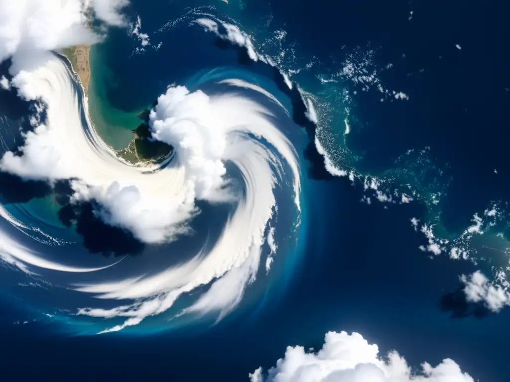 Espectacular imagen satelital de patrones atmosféricos sobre el océano Vista satelital de patrones climáticos tecnología punta en el océano, con nubes en remolino y tonos azules y blancos