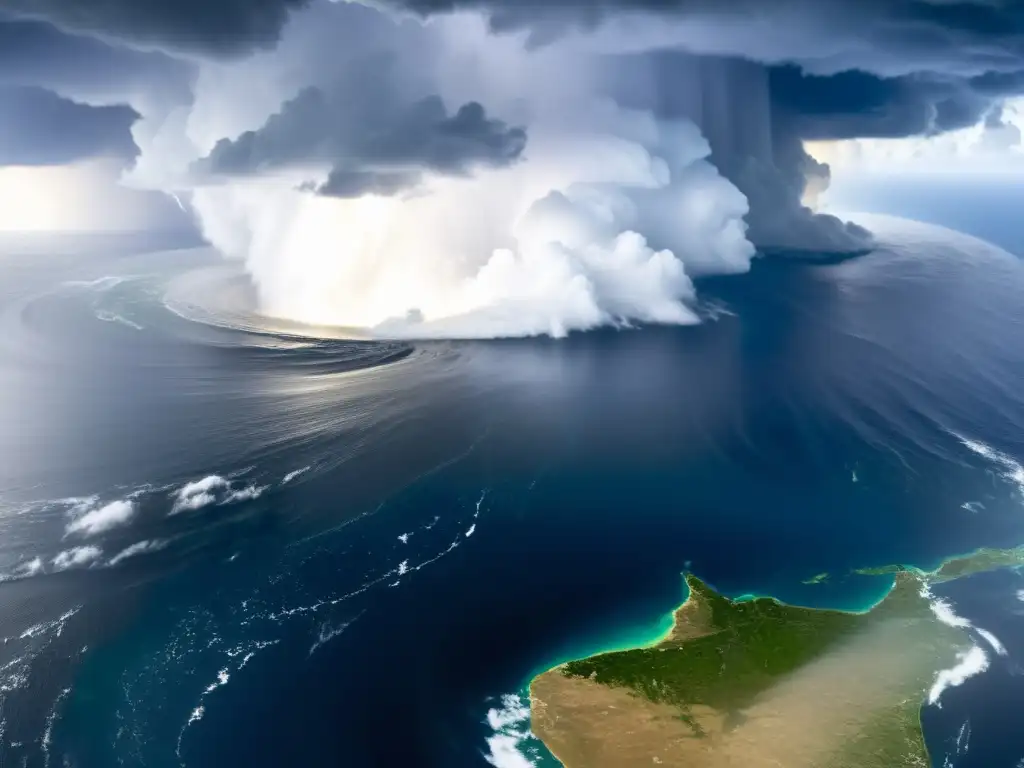 Vista de satélite de tormenta poderosa sobre el océano, con rayos y ojo definido