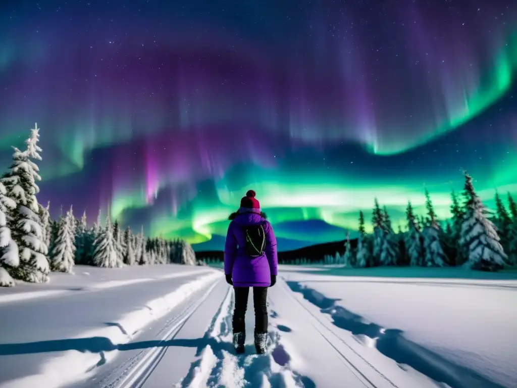 Aurora boreal en la noche estrellada: espectáculo vibrante en 8k Guía visual para ver auroras: Impresionante aurora boreal verde y morada sobre un paisaje nevado, con árboles siluetados y cielo estrellado
