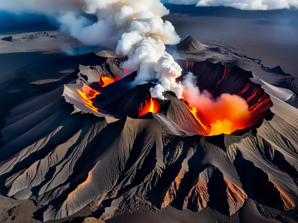 Eruption volcánica: poder y belleza Formación de volcanes en la Tierra: Vista aérea de un volcán activo con columnas de humo y lava fluente, una imagen de poder y belleza