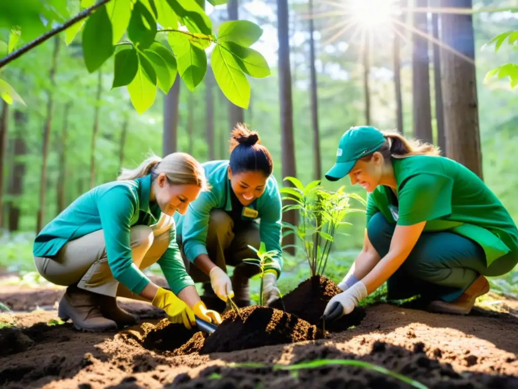 Voluntarios plantando árboles nativos en un bosque biodiverso Voluntariado conservación destinos ecoturismo: Grupo plantando árboles nativos en bosque biodiverso, atmósfera serena y dedicada