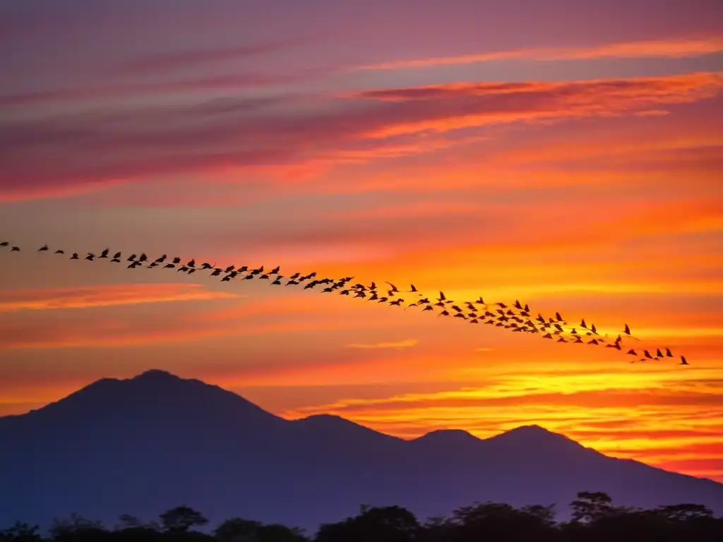 Vuelo de aves migratorias al atardecer Vuelo de aves migratorias en formación V, navegando al atardecer