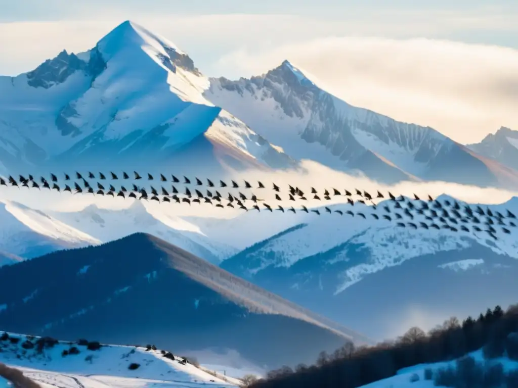 Vuelo majestuoso de aves que alteran patrones migratorios sobre montañas nevadas